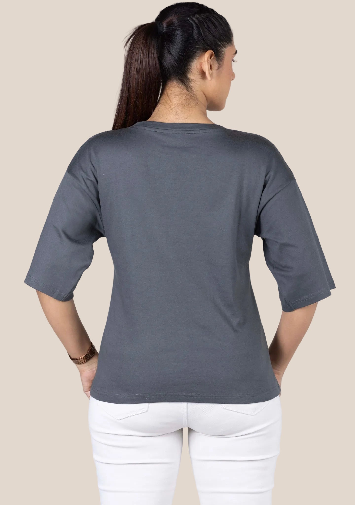Ladies Drop Shoulder T Shirt - Grey Printed