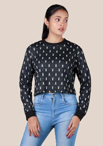 Ladies Long Sleeve Crop Top - Black Printed