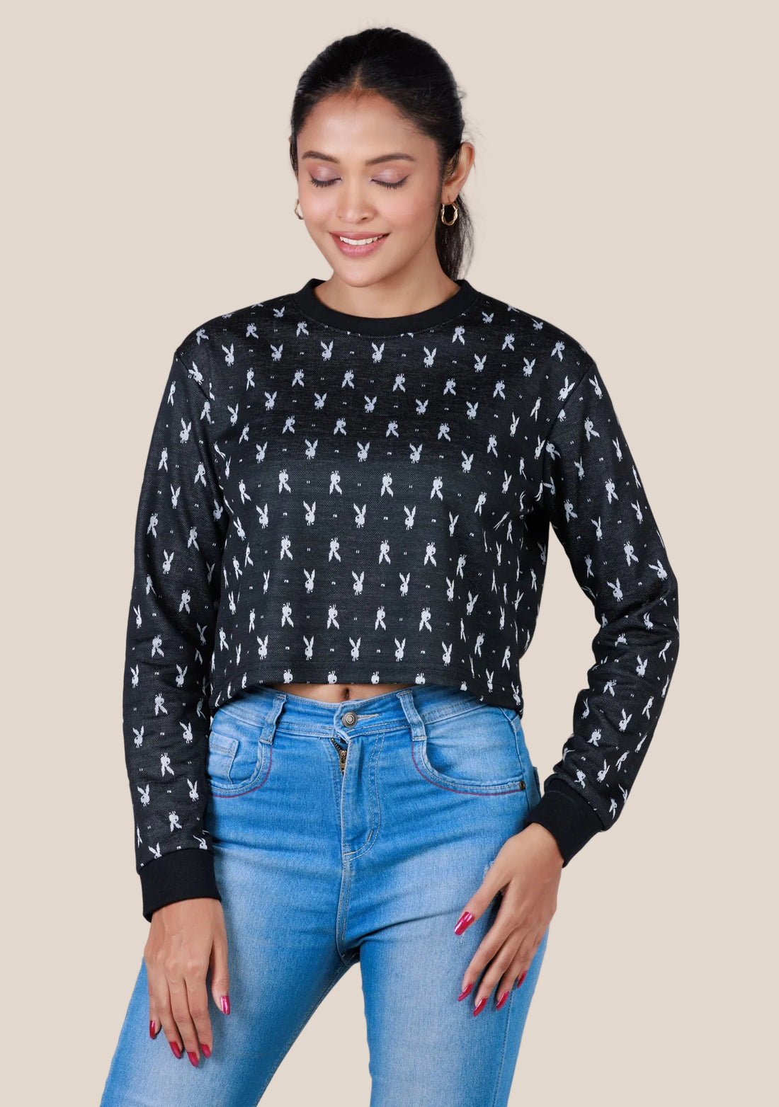 Ladies Long Sleeve Crop Top - Black Printed