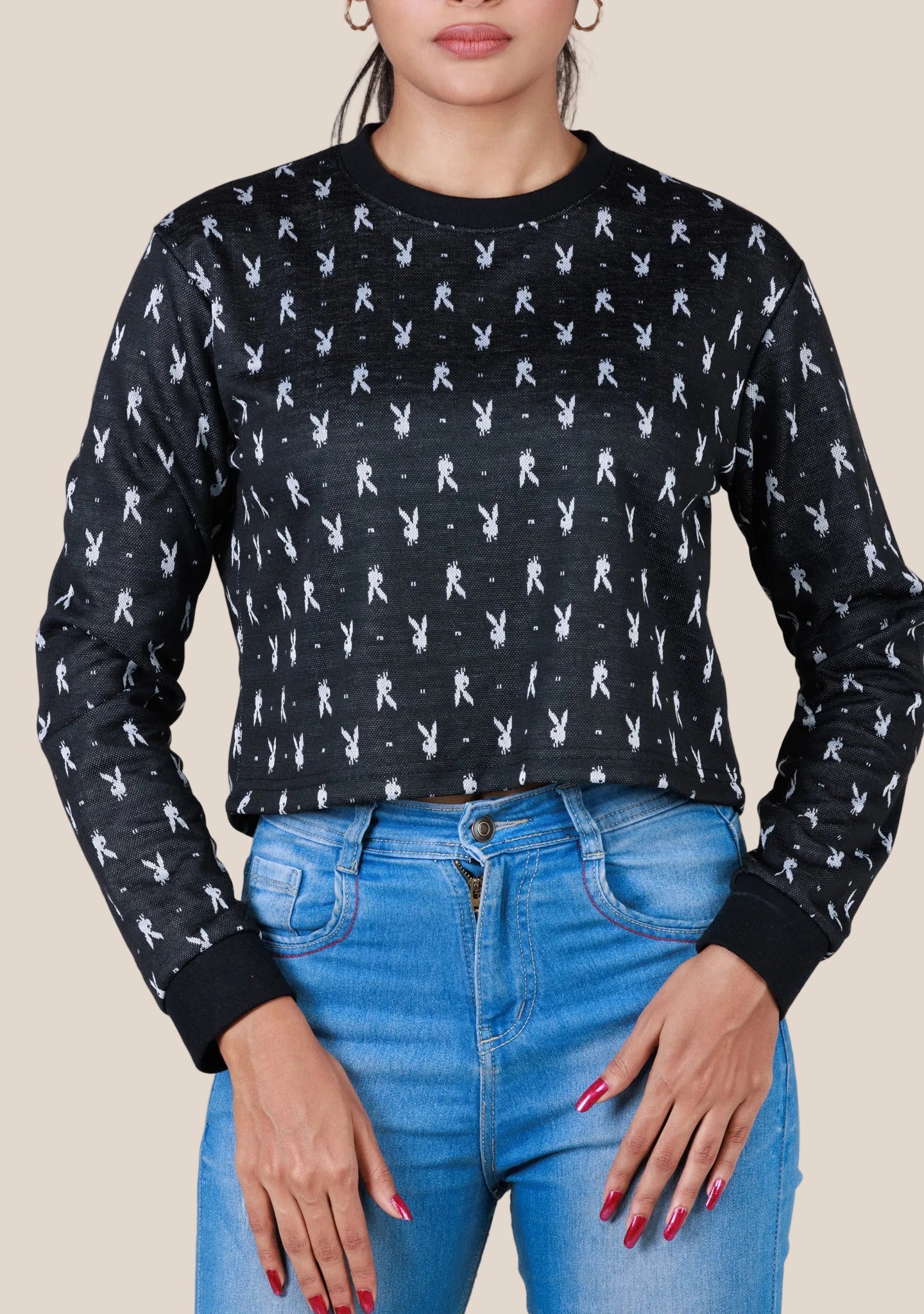 Ladies Long Sleeve Crop Top - Black Printed