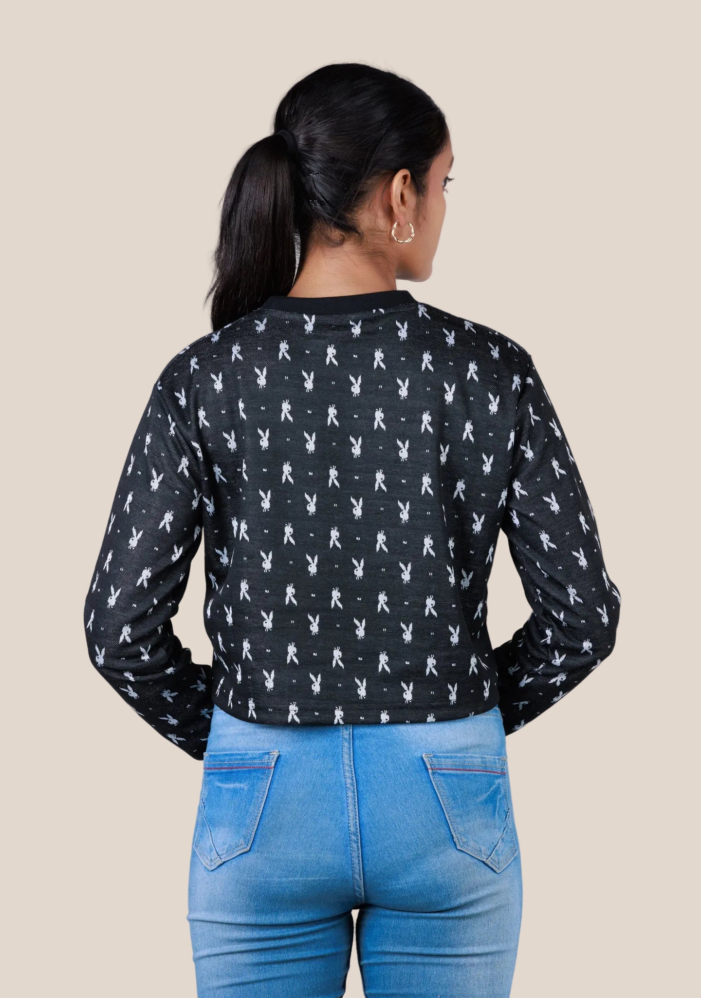Ladies Long Sleeve Crop Top - Black Printed