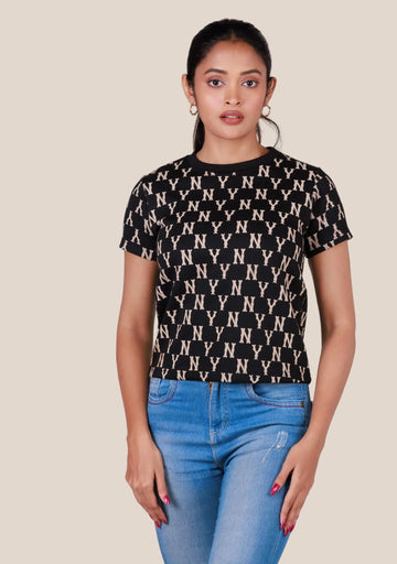 Short-Length T-Shirt - Black Gold Printed