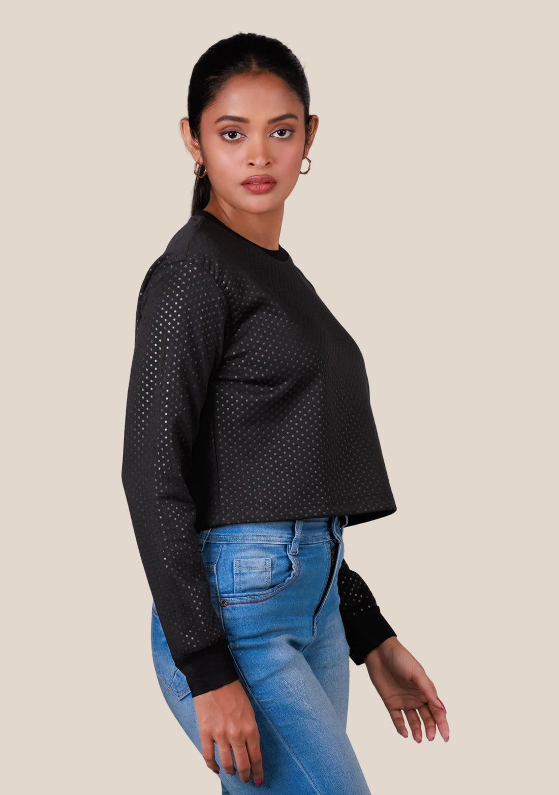 Ladies Long Sleeve Crop Top - Black