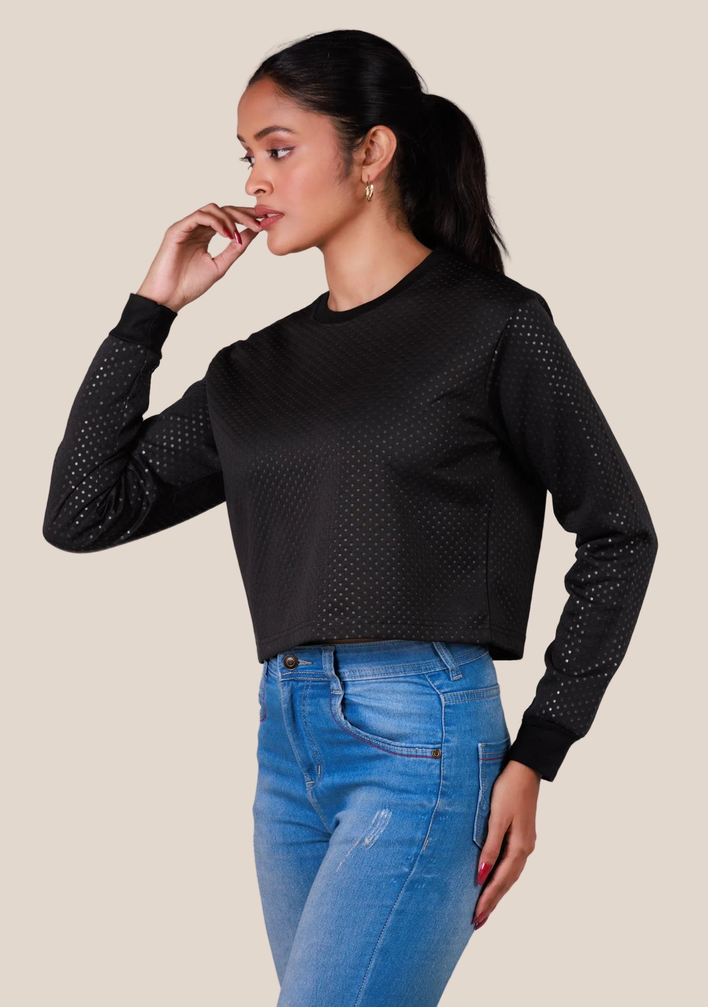 Ladies Long Sleeve Crop Top - Black