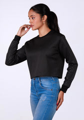 Ladies Long Sleeve Crop Top - Black