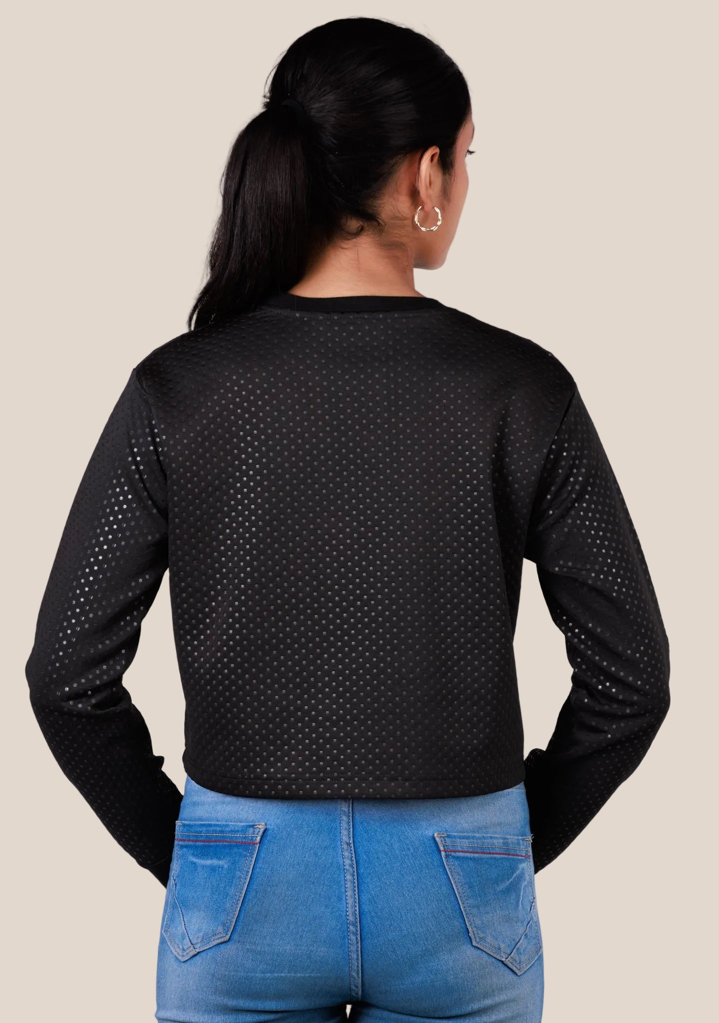Ladies Long Sleeve Crop Top - Black