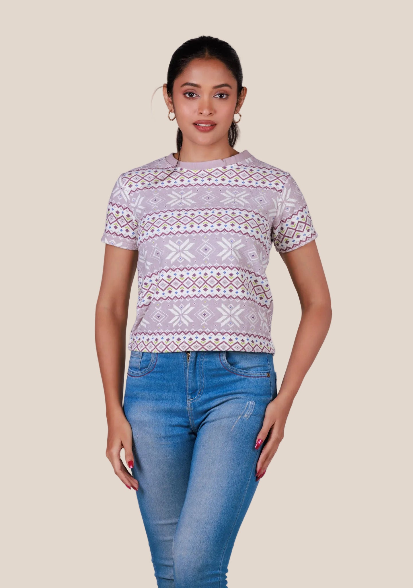 Short-Length T-Shirt - Pink White Printed