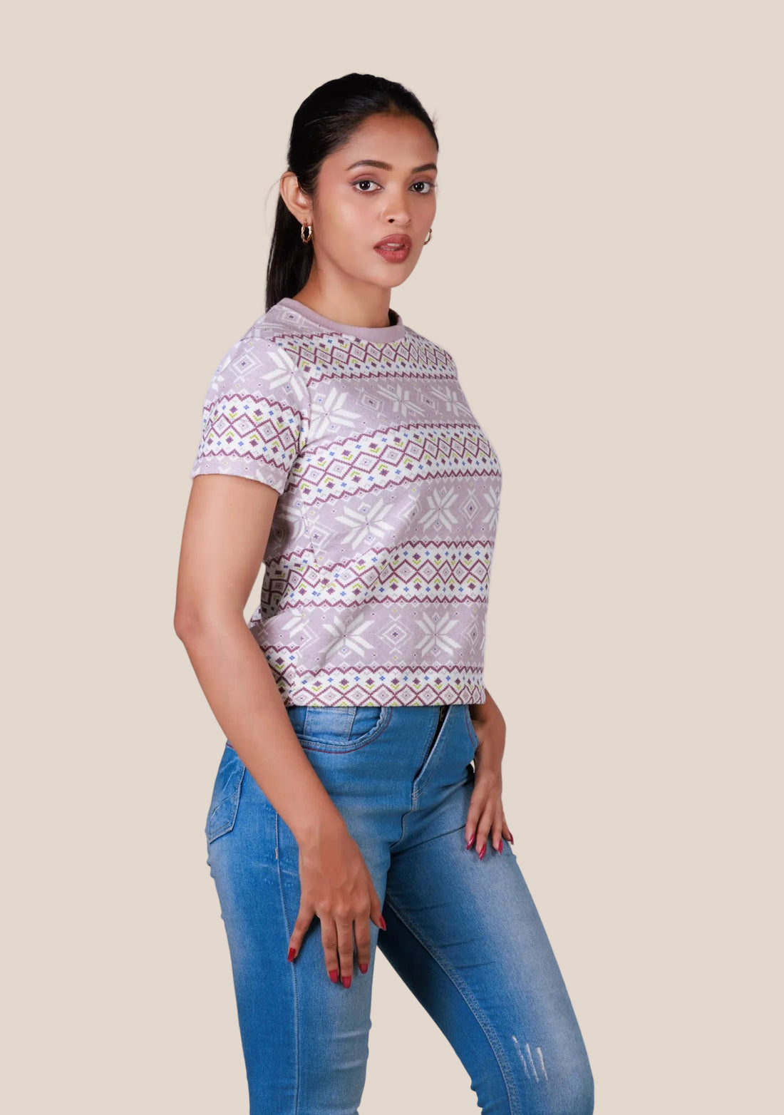 Short-Length T-Shirt - Pink White Printed