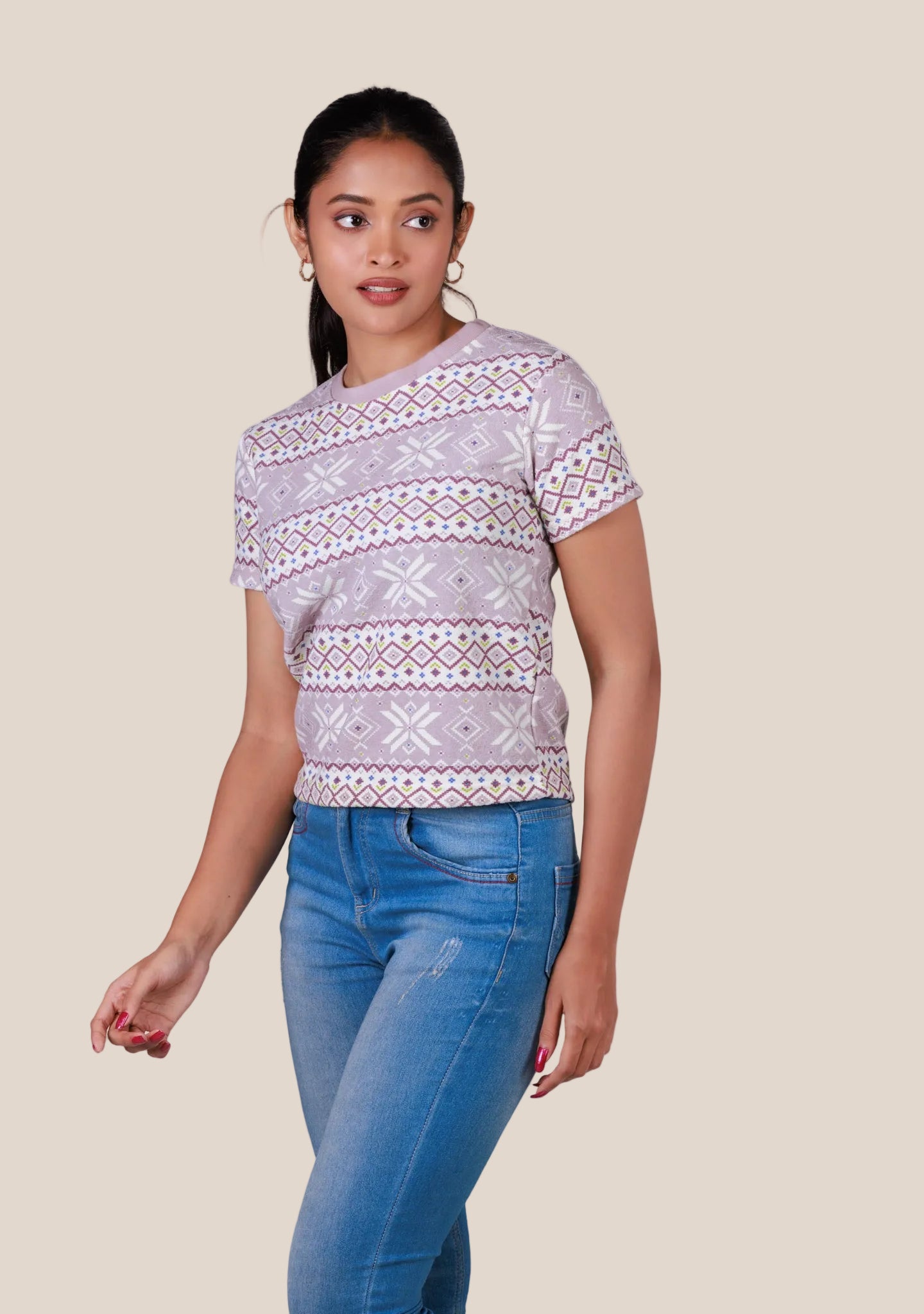 Short-Length T-Shirt - Pink White Printed