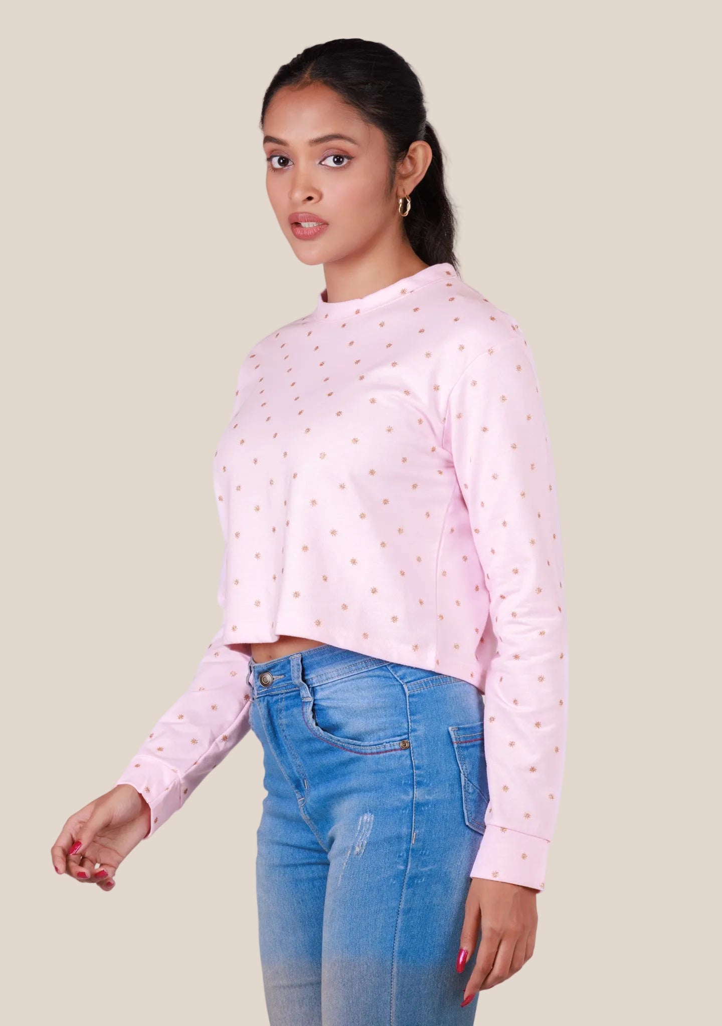 Ladies Long Sleeve Crop Top - Pink
