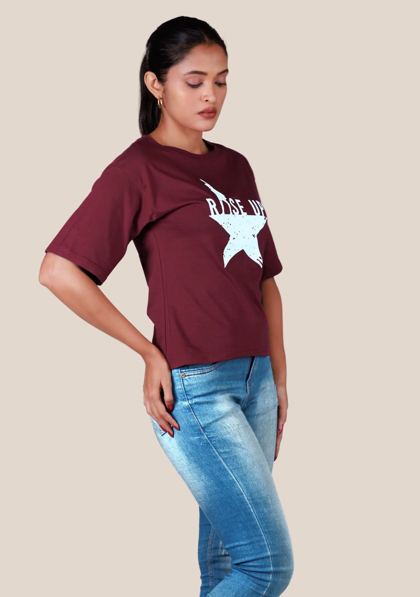 Ladies Drop Shoulder T Shirt - Dark Red