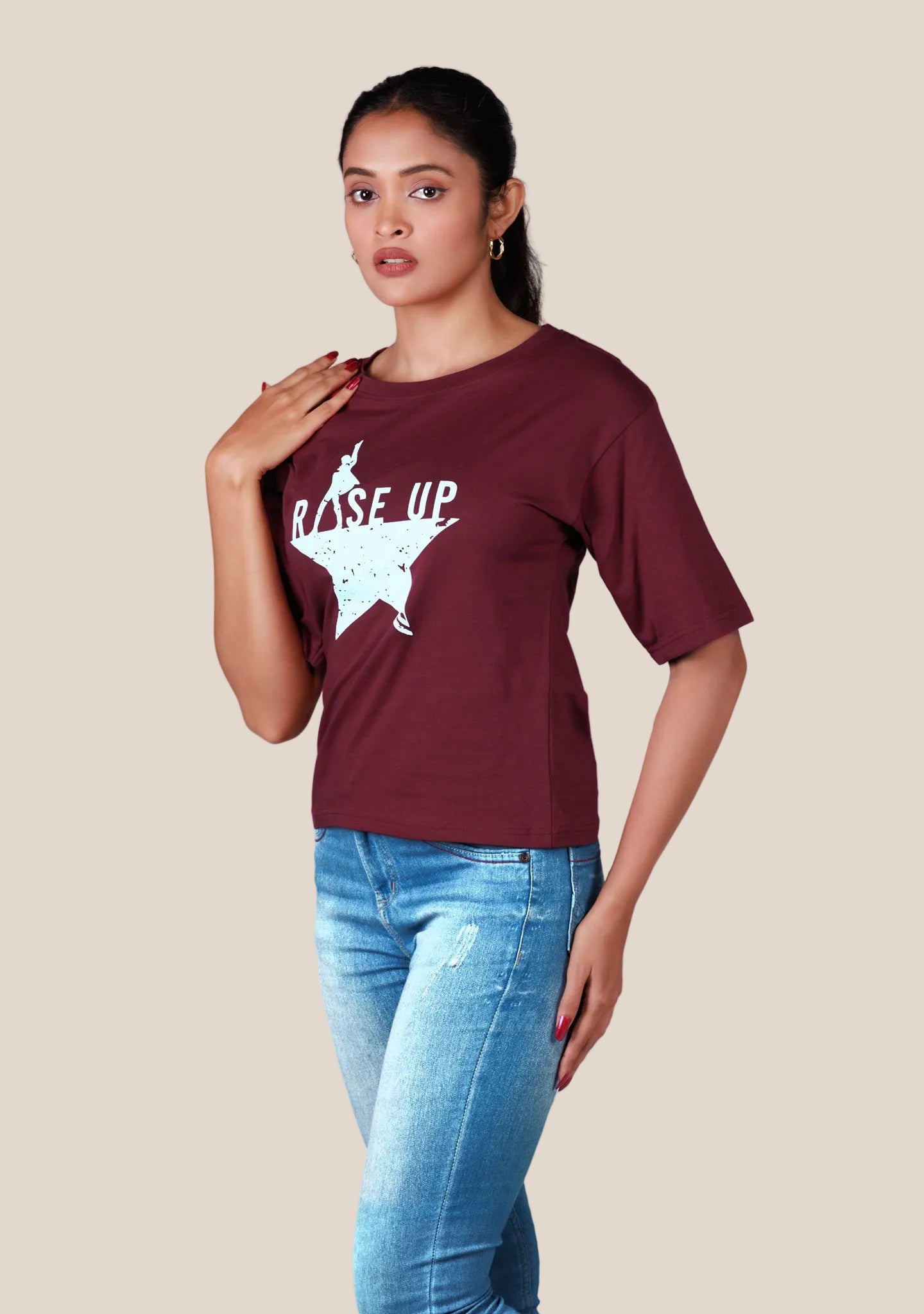 Ladies Drop Shoulder T Shirt - Dark Red